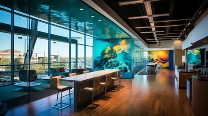 b'Modern office interior with large windows, a conference table, and a colorful mural on the wall' - obrazy, fototapety, plakaty
