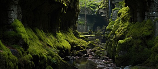 Narrow canyon with stream, moss-covered rocks