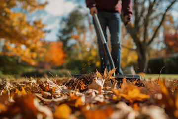 Man using a rake to clear fallen leaves from the lawn on the lawn in the autumn park