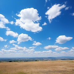 b'Blue Sky and Fluffy White Clouds Over a Vast Grassy Plain' - obrazy, fototapety, plakaty