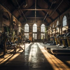 Fotobehang b'An abandoned weight room with a wooden floor and large windows' © duyina1990