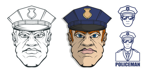 Hand drawn police man. Professional Police Protection concept. Rescuer. Police character head in uniform. Vector artwork - obrazy, fototapety, plakaty
