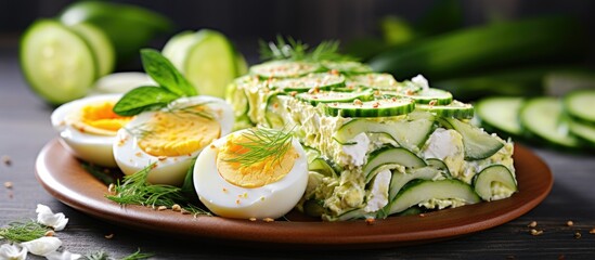 Plate of food with cucumber and boiled eggs