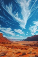 Arid Desert Canyon Landscape with Blue Sky and White Clouds