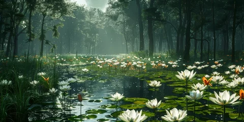 Foto op Canvas Mystical Forest Lake with Glowing Water Lilies © duyina1990