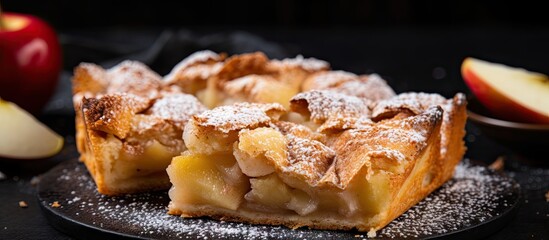 Delicious apple pie topped with powdered sugar