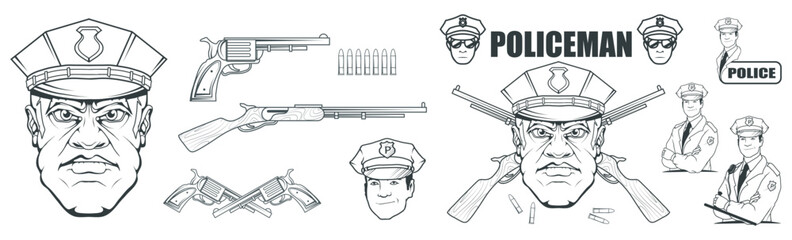 Hand drawn police man. Professional Police Protection concept. Rescuer. Police character head in uniform. Vector artwork