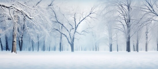 Quiet park scene with snow-covered trees and bench - obrazy, fototapety, plakaty