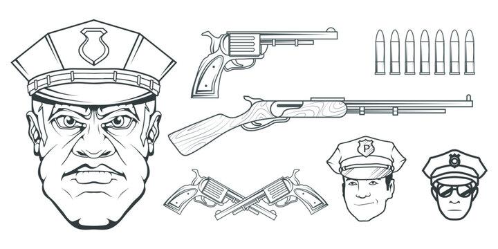 Hand drawn police man. Professional Police Protection concept. Rescuer. Police character head in uniform. Vector artwork