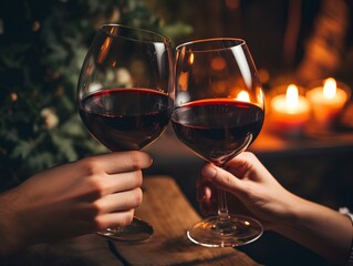 Intimate Wine Toasting by Candlelight,A couple's hands clink glasses in an intimate wine toast, the rich red wine glowing warmly in the candlelit ambiance of a romantic evening setting.

