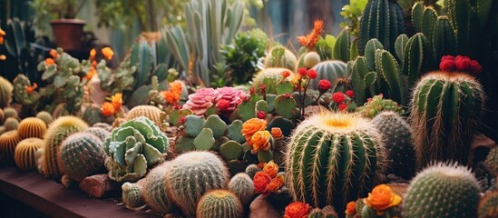 A group of prickly succulents arranged on a surface - obrazy, fototapety, plakaty