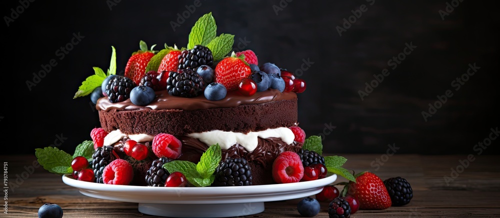 Wall mural Cake with berries and mint on plate