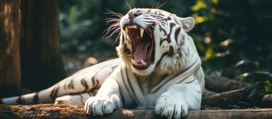 A yawning white tiger - obrazy, fototapety, plakaty