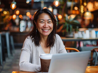 Smiling Person browsing Schengen visa information online with a laptop and coffee - obrazy, fototapety, plakaty