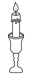 Candle with dripping wax. Candlestick in the shape of a glass on a leg. Sketch. Vector illustration. Curved wick. Hot flame. Outline on isolated background. Coloring book for children. Doodle style. 