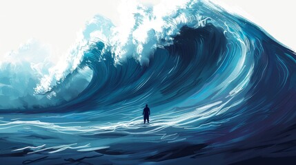 Lone Figure Before Massive Wave, Illustrating Power and Nature's Majesty