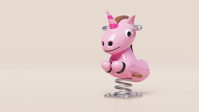 Playground unicorn spring rider isolated on pink background. 3d render illustration, alpha channel