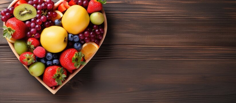 Heart-shaped fruit bowl on wooden surface