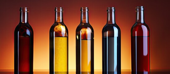 Wine bottles aligned on table - obrazy, fototapety, plakaty