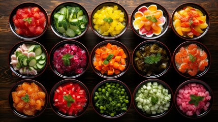 b'Various bowls of diced vegetables, fruits and seafood'