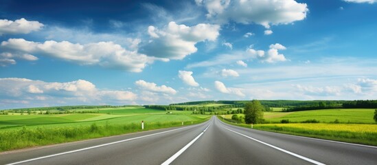 Rural road under vast blue sky with lush green field