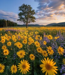 Field of yellow sunflowers and purple flowers with a large tree in the distance - obrazy, fototapety, plakaty