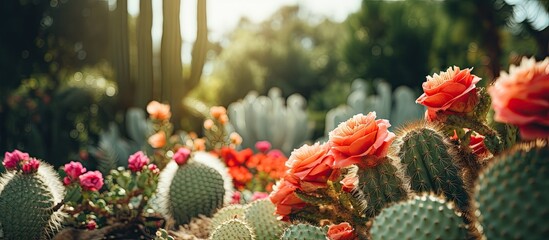 Cactus plants with pink flowers by a fence