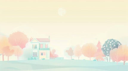 Dreamy Pastel Illustration of a House in Tranquil Setting, Ideal for Storybook Art
