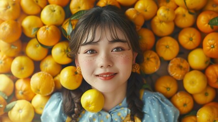 Fototapeta na wymiar A young girl laying in a pile of citrus fruit