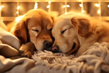 b'Two Golden Retrievers Sleeping Peacefully'