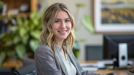 Portrait of a smiling young businesswoman sitting in an office - obrazy, fototapety, plakaty