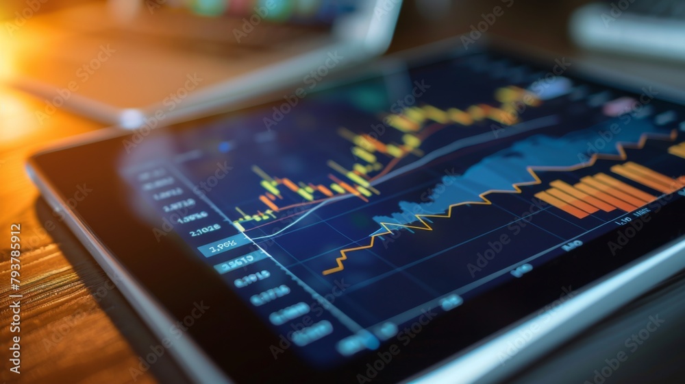 Poster digital tablet showing a line graph of stock market performance over time, reflecting market trends 