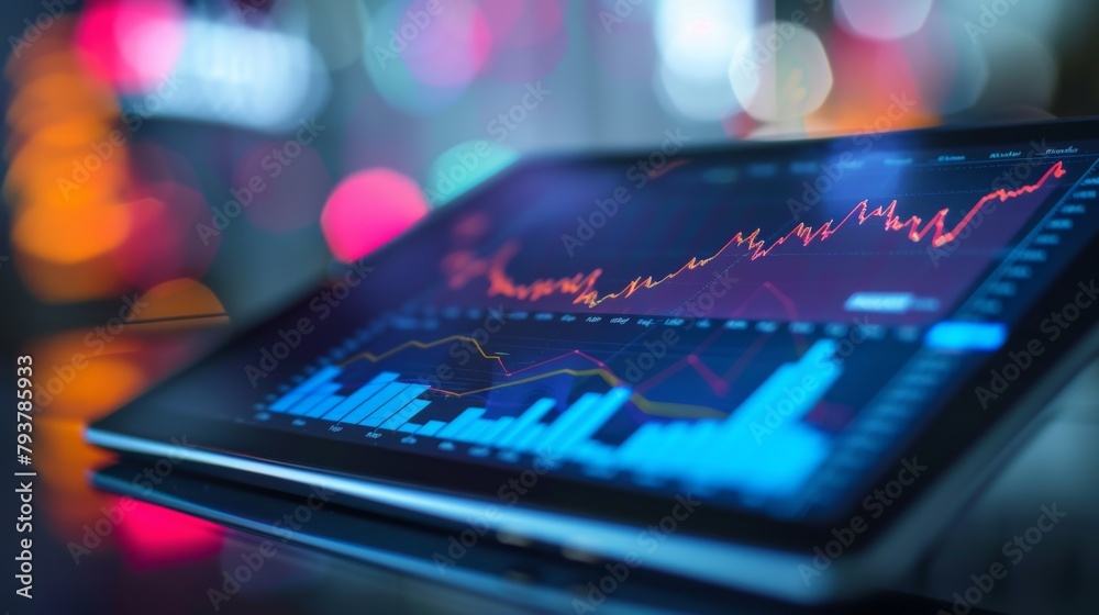 Poster digital tablet showing a line graph of stock market performance over time, reflecting market trends 