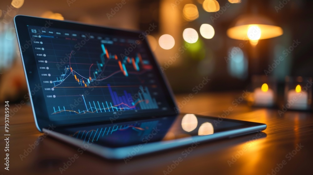 Poster digital tablet showing a line graph of stock market performance over time, reflecting market trends 