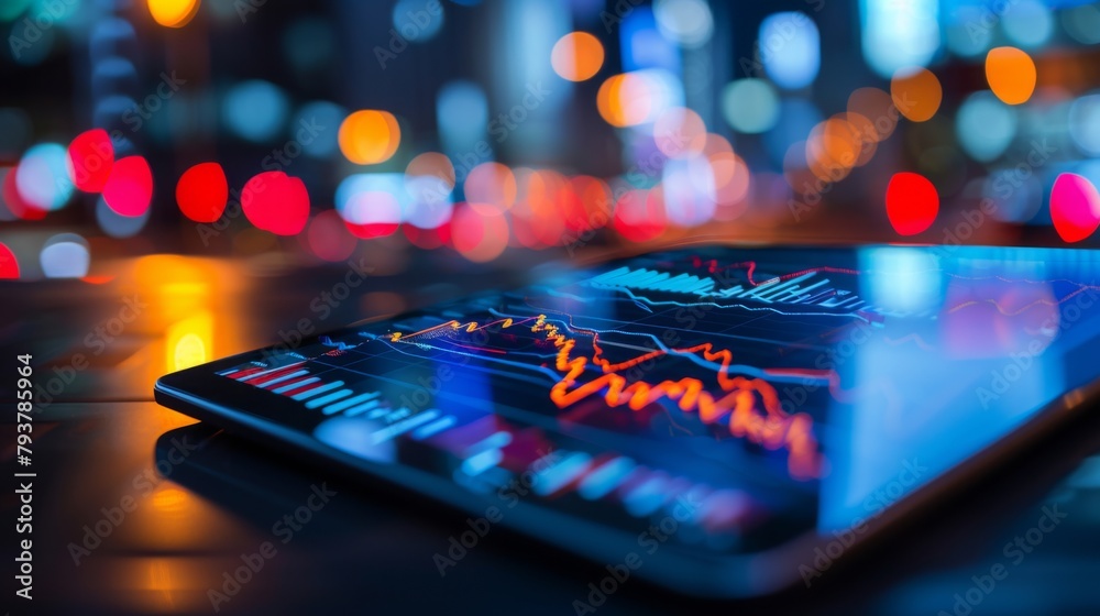 Poster digital tablet showing a line graph of stock market performance over time, reflecting market trends 