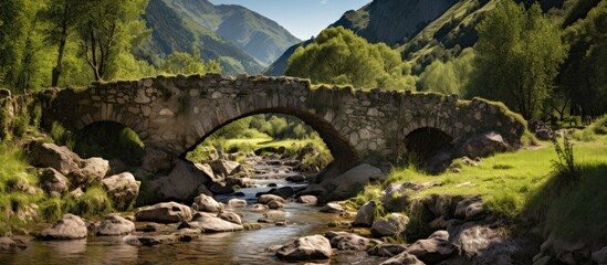 Stone bridge spans across valley stream with distant mountains