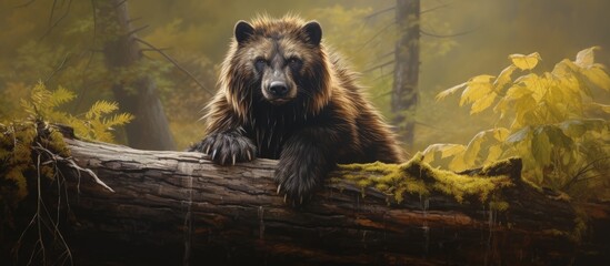 Obraz premium Bear resting on log in forest