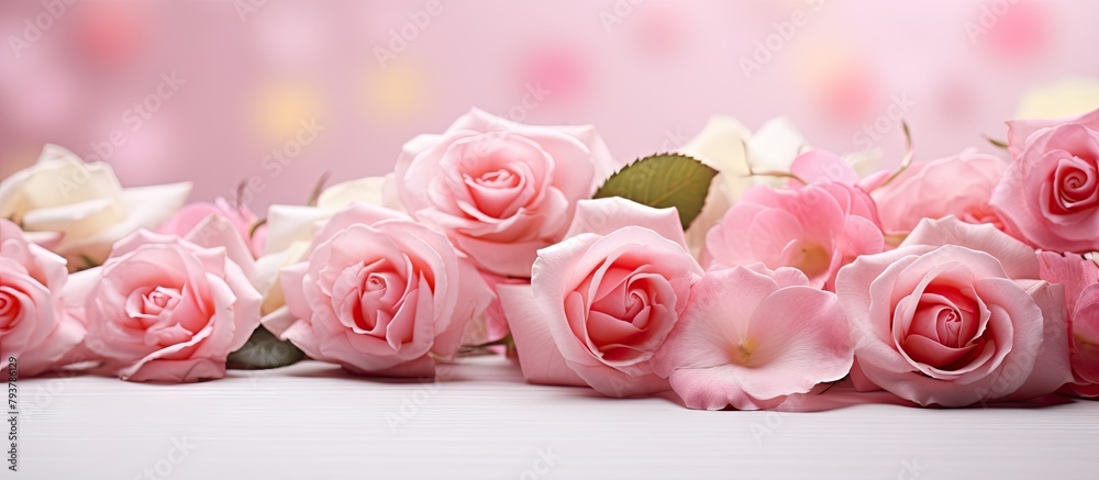 Wall mural Pink roses on white surface with pink backdrop