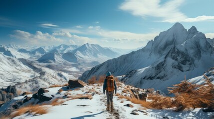 b'A lone backpacker hiking in the snow-capped mountains'