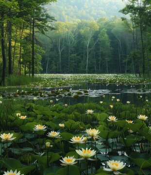 A pond full of white water lilies in a forest