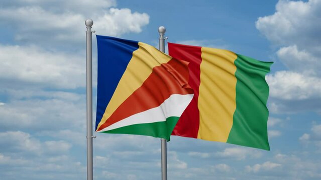Republic of Guinea and Seychelles two flags waving together, looped video, two country relations concept