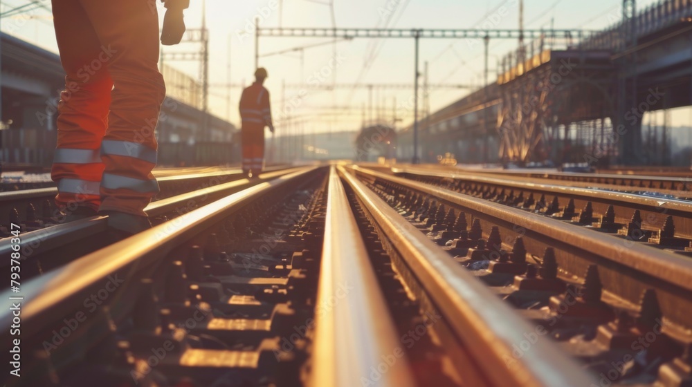 Poster engineers inspecting the maintenance of high-speed rail tracks, ensuring safety and reliability.
