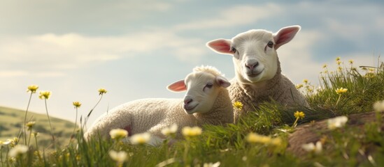 Two sheep reclining on grass