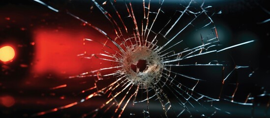 Bullet hole in glass with red light