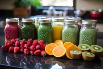 b'A variety of healthy juices and fruits on a kitchen counter'