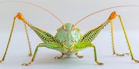 A green and yellow katydid is perched on a white surface