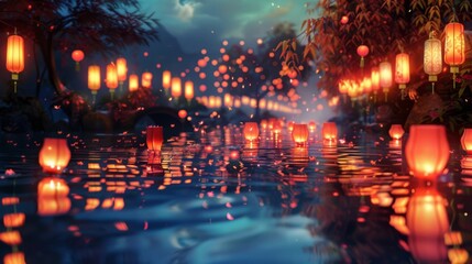 Floating lanterns gracefully adorning a river during a cultural celebration, illuminating the water with vibrant colors.