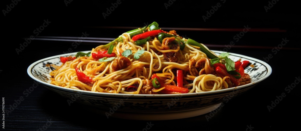 Poster Bowl of savory noodles with meat and veggies