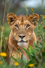 Close-up portrait of a lioness in the middle of yellow flowers and green grass - obrazy, fototapety, plakaty