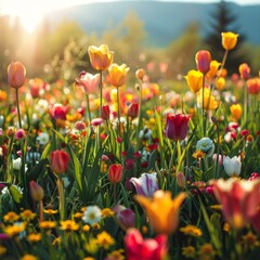 b'Field of tulips in full bloom under the sunlight'